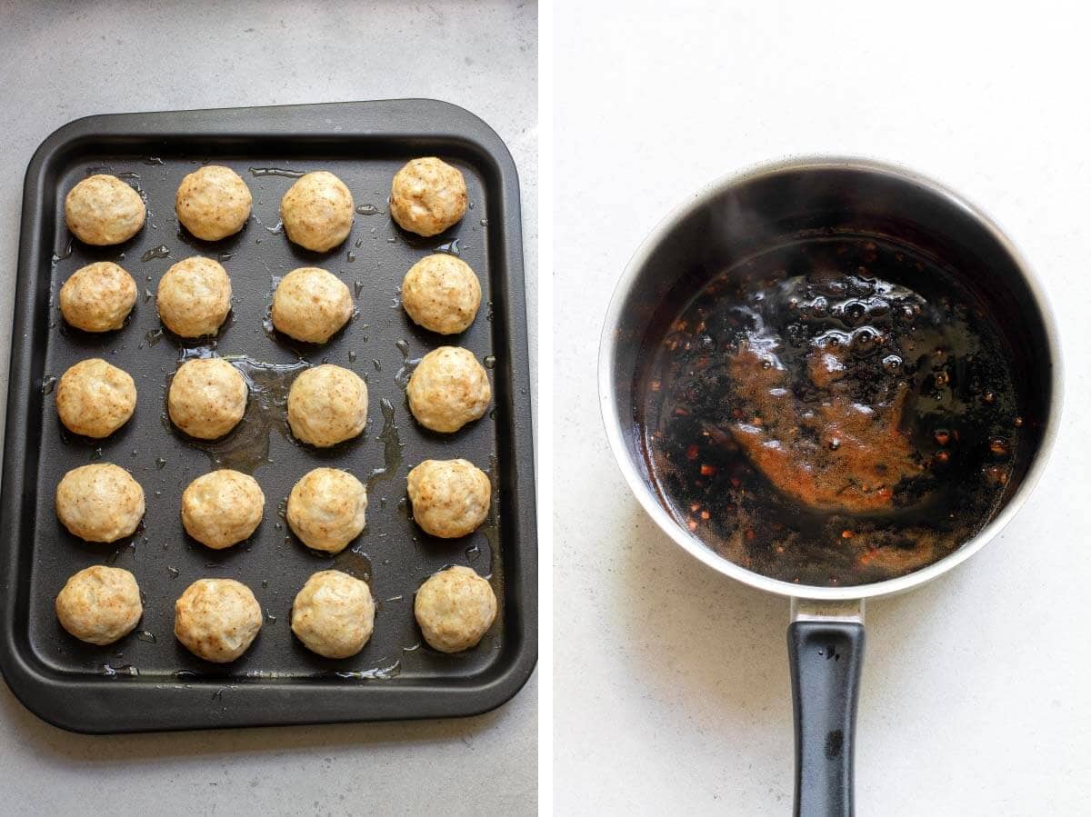 cooked meatballs on pan, cooked sauce in saucepan.