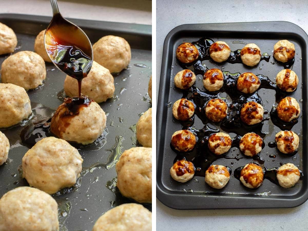 pouring sauce over meatballs, sauce on meatballs.