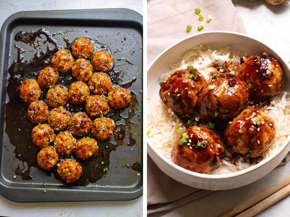 meatballs on pan, meatballs in bowl with rice.