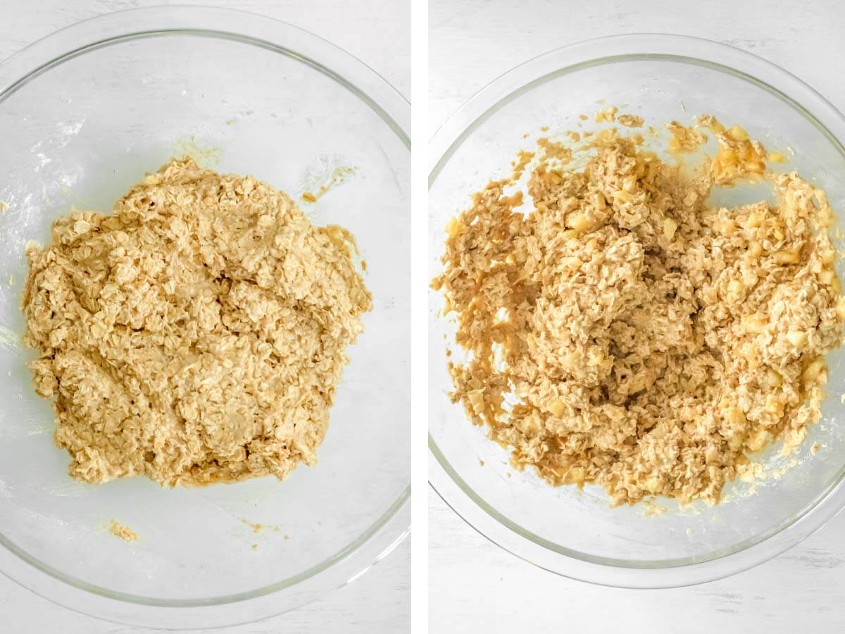 bowl with cookie dough mixed, bowl with apple mix added.
