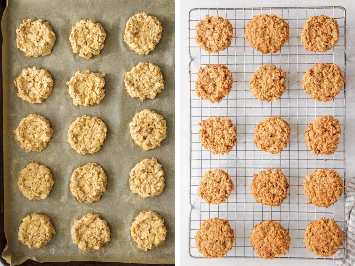 Apple Cinnamon Oatmeal Cookies before and after baking.