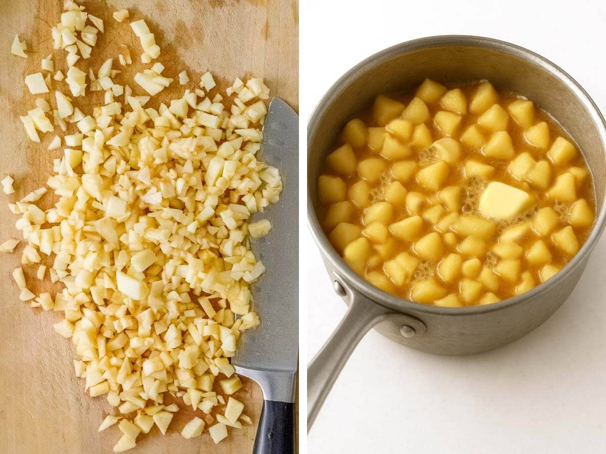 chopped apples on a board, apples cooking in butter in saucepan.