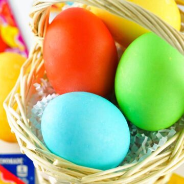 3 dyed Easter eggs in basket