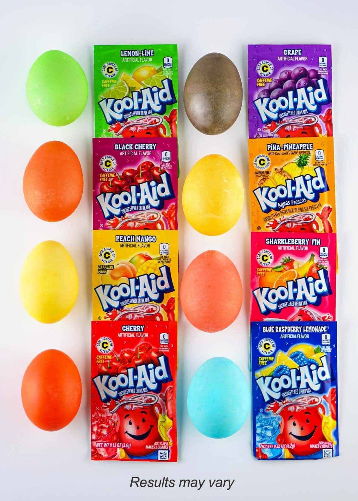 8 packets of koolaid in different colors, egg of matching color next to packet.