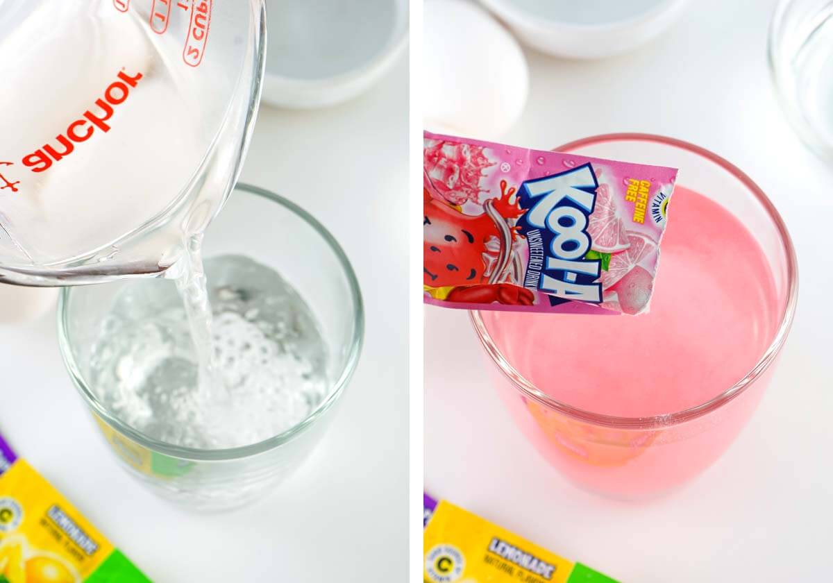 pouring boiling water in glass, pouring koolaid into glass of water.