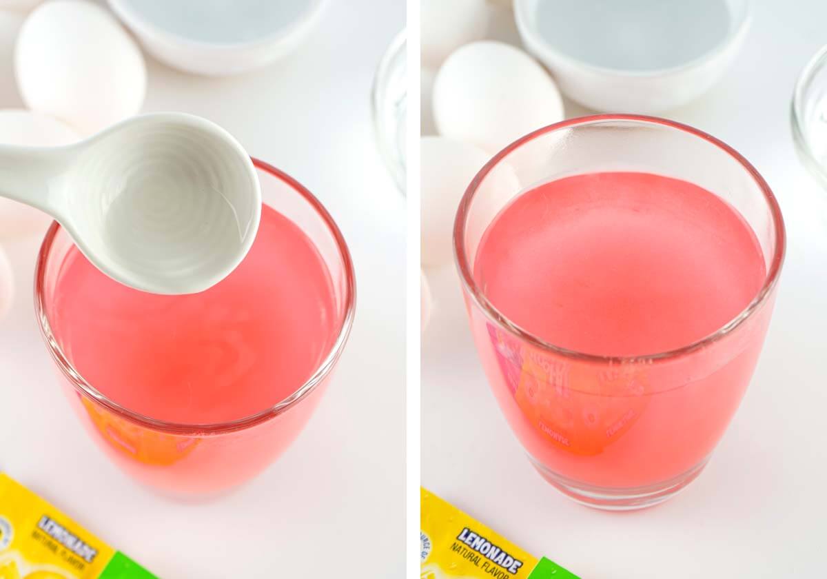 adding vinegar to glass of dye, glass of pink dye.