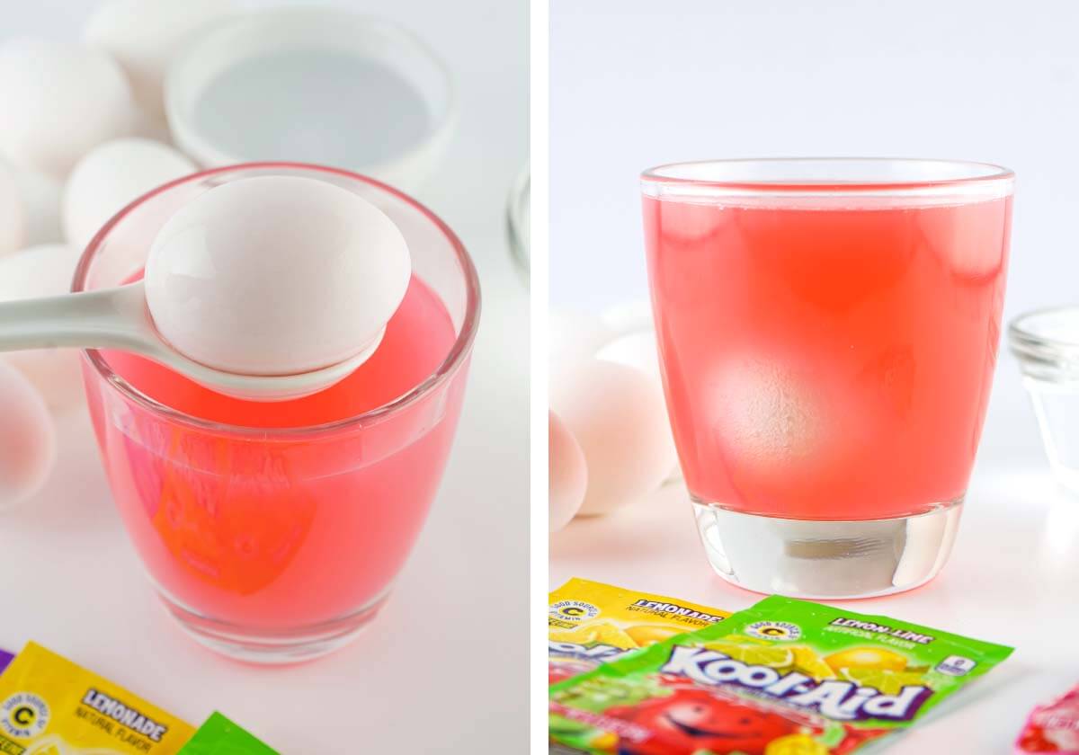 dipping egg in dye in glass, egg soaking in the dye.