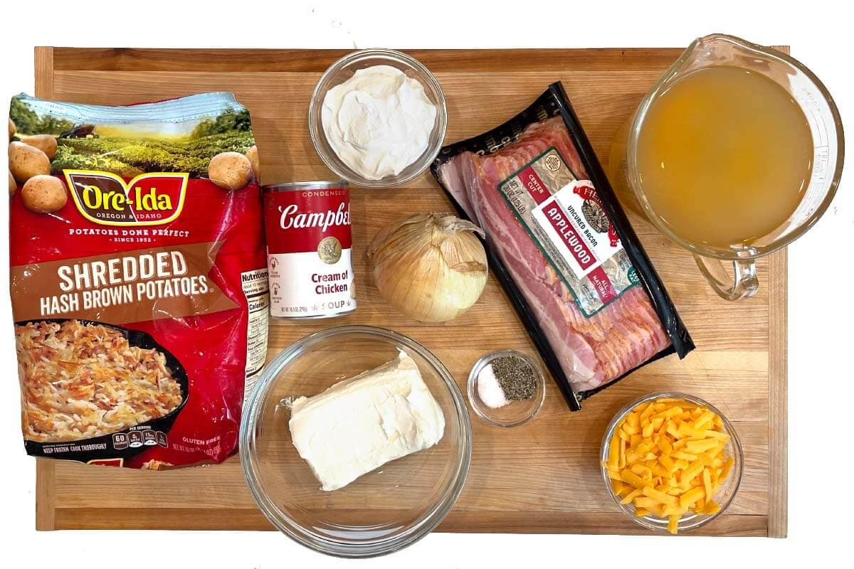 Crockpot Hash Brown Potato Soup ingredients shot on a board