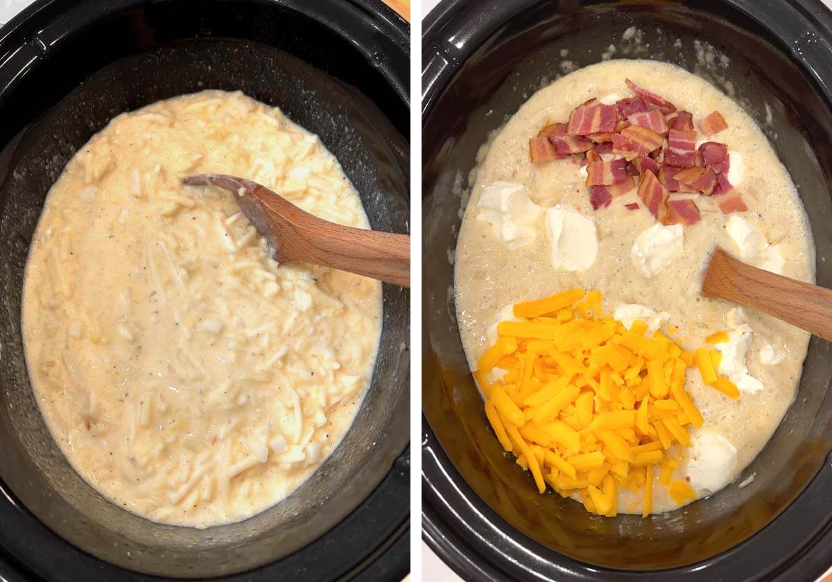 stirring soup ingredients, cheeses and bacon added
