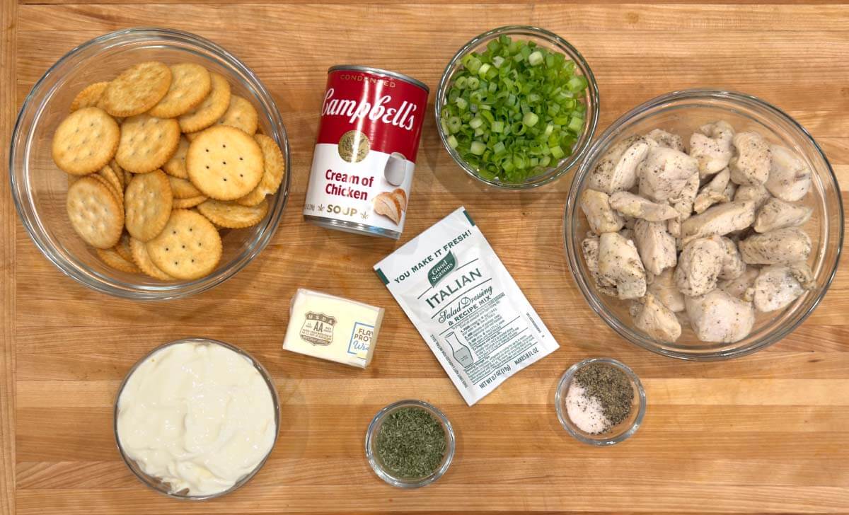 Ritz Cracker Chicken Casserole ingredients shot on a board