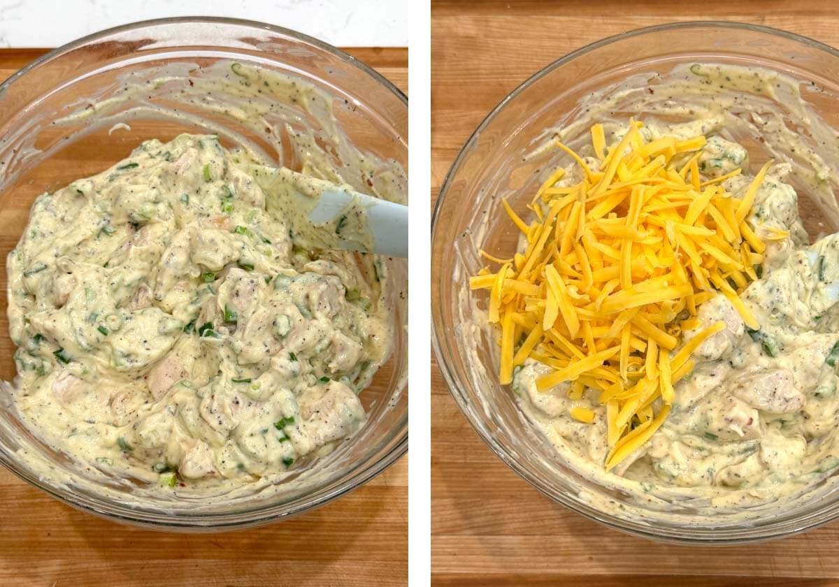 mixing together filling ingredients, cheese added