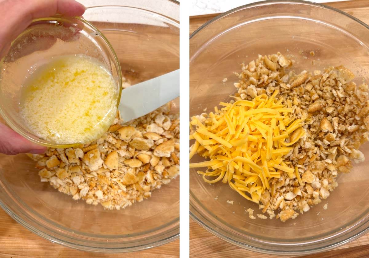 adding butter to crushed Ritz crackers, cheese added