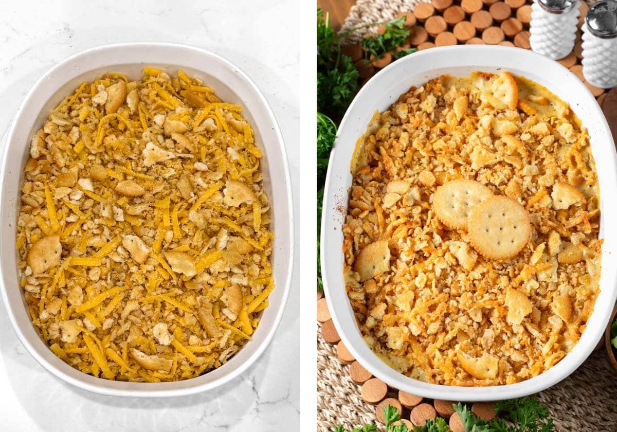 assembled casserole before and after baking